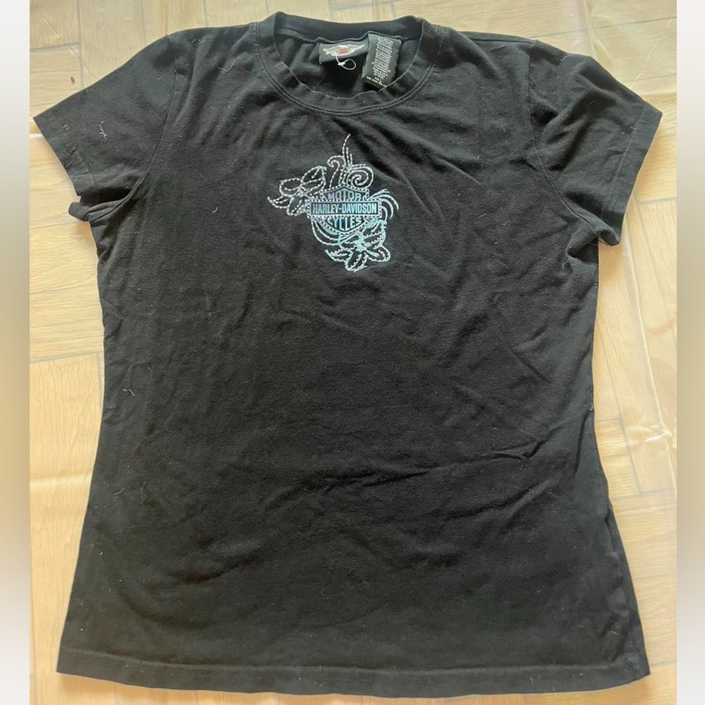 HARLEY DAVIDSON black t shirt with blue glitter detail